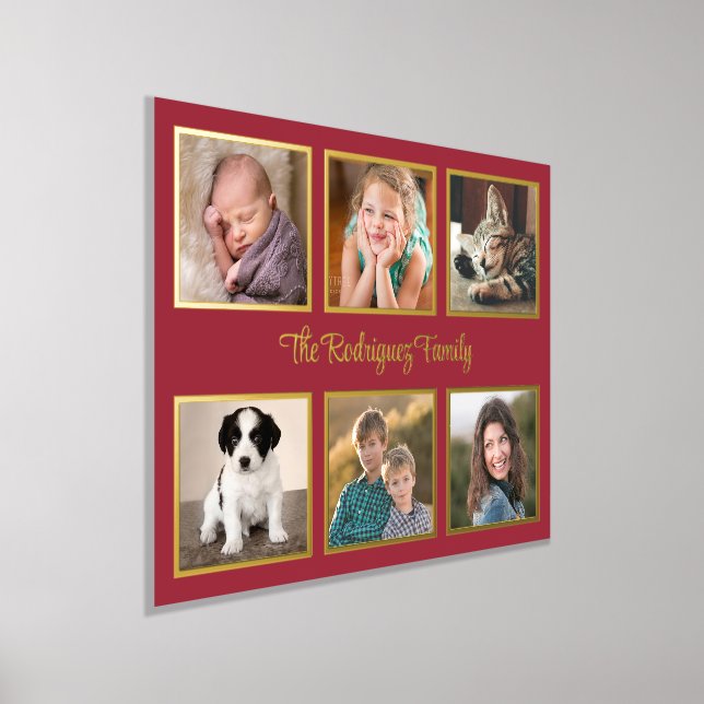 6 Photo Collage Custom Text Burgundy Red Gold Foil Prints (Laydown)