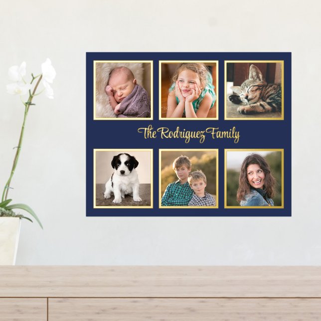 6 Photo Collage Custom Text Navy Blue Gold Foil Prints (In Situ (Entry Table))