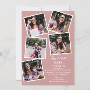 6 Photo Collage Dusty Rose Pink Graduation Party Invitation
