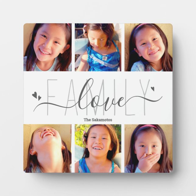 6 Photo Collage Family Love Script Hearts Modern Plaque (Front)
