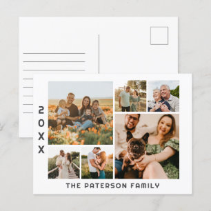 6 Photo Collage Family Name Modern Minimalist Holiday Postcard