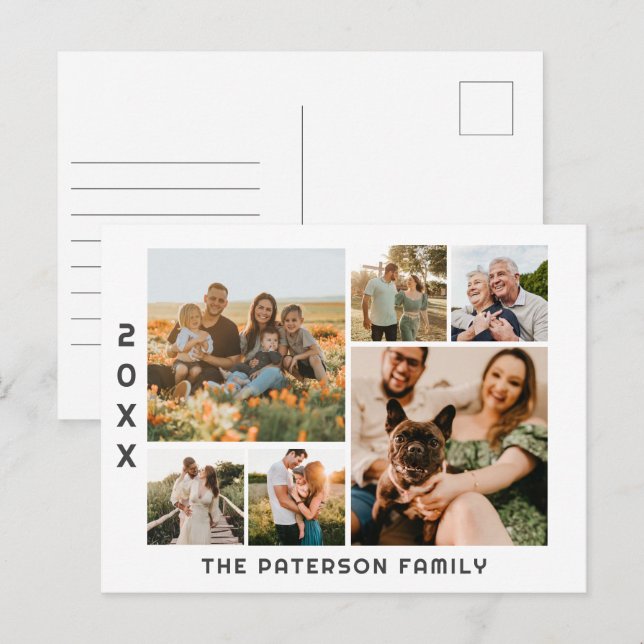 6 Photo Collage Family Name Modern Minimalist Holiday Postcard (Front/Back)