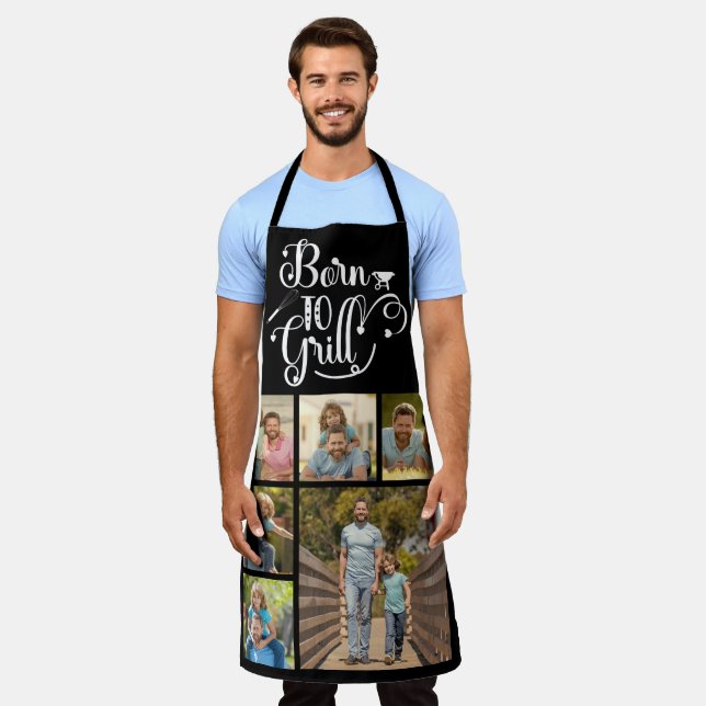 6 Photo Collage Father's Day Born To Grill BBQ Apron (Worn)