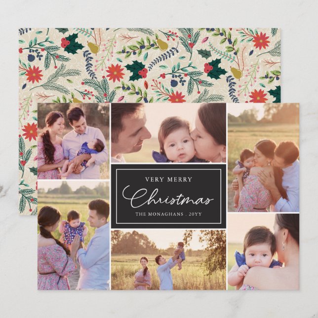 6 Photo Collage | Floral Pattern Christmas Black Holiday Card (Front/Back)