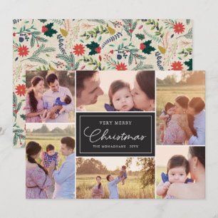 6 Photo Collage   Floral Pattern Christmas Black Holiday Card