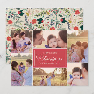 6 Photo Collage Floral Pattern Christmas Red Holiday Card