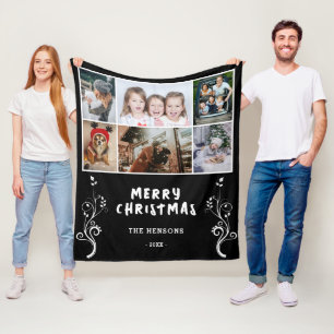 6 Photo Collage Foliage Black Christmas Family Fleece Blanket