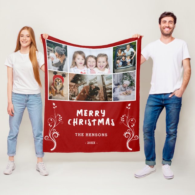 6 Photo Collage Foliage Red Merry Christmas Family Fleece Blanket (In Situ)
