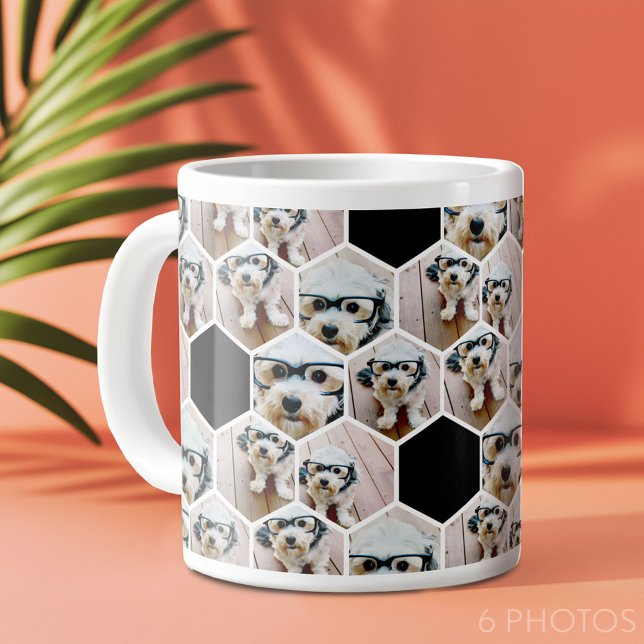 6 Photo Collage - funky hexagon pattern Large Coffee Mug (6 photo personalized coffee mug in a fun hexagon pattern)