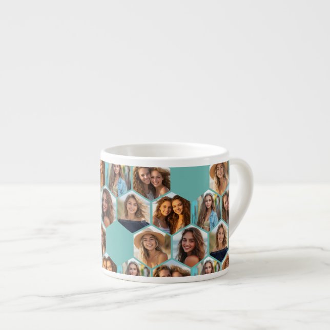 6 Photo Collage - funky hexagon pattern teal Espresso Cup (Front Right)