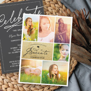 6 Photo Collage Gold Glitter Graduation Party Invitation