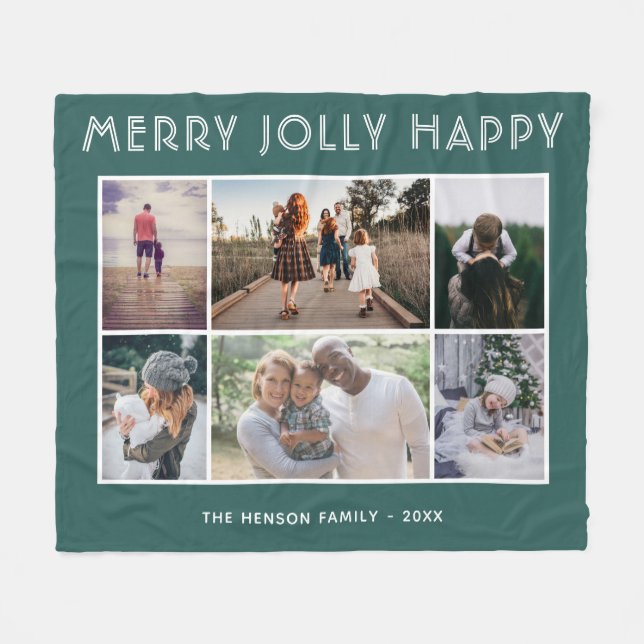 6 Photo Collage Green Merry Jolly Happy Christmas  Fleece Blanket (Front (Horizontal))