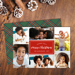 6 Photo Collage   Green Plaid Back Holiday Card