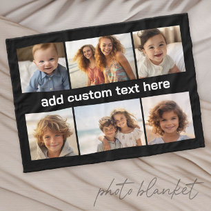6 Photo Collage Grid - White Custom Text - Black Fleece Blanket