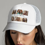 6 Photo Collage Grid - White Custom Text - Black Trucker Hat<br><div class="desc">Use 6 photos to create a personal photo collage. This modern,  clean layout includes a black background. There is also a place to add text in the middle. The background colour can be changed in the customise area.</div>