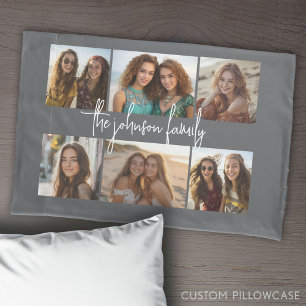 6 Photo Collage Grid - White Custom Text - Grey Pillowcase