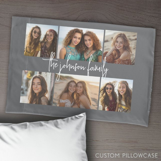 6 Photo Collage Grid - White Custom Text - Grey Pillowcase (Create Your Own Photo Collage Pillowcase)