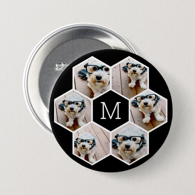 6 Photo Collage in a honeycomb pattern black white 7.5 Cm Round Badge (Front & Back)