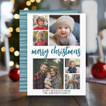 6 Photo Collage Joyful Merry Christmas blue stripe Holiday Card<br><div class="desc">Use six square photos and make a unique and trendy Merry Christmas greeting with a fun,  stripe pattern on the back. If you need to move anything around,  click on the customise button to make changes.</div>