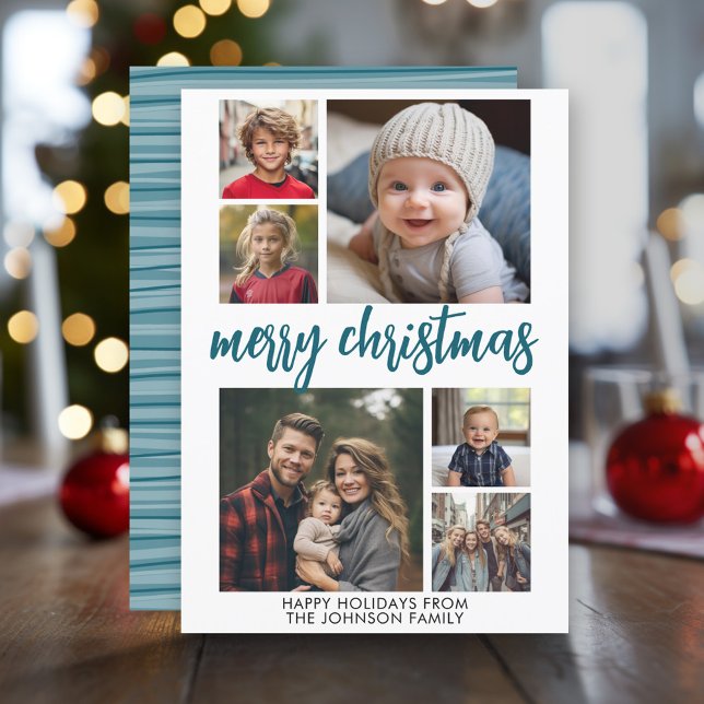6 Photo Collage Joyful Merry Christmas blue stripe Holiday Card (Modern Christmas Photo Greeting Card)