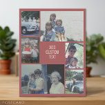 6 photo collage - mauve background - white text postcard<br><div class="desc">6 photos in an uneven pattern surround an opening for three lines of text. Use 2 square cropped photos and 4 vertical photos to make this work!
The background is a solid colour. If you want to change the colours,  click on the advanced design area and see more choices.</div>