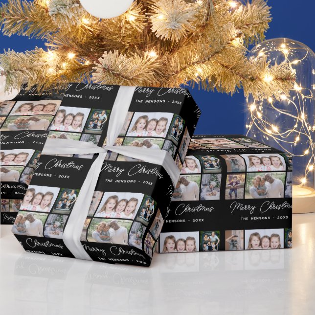 6 Photo Collage Merry Christmas Family Black Wrapping Paper (Holidays)