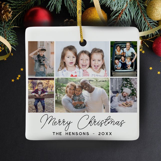 6 Photo Collage Merry Christmas Family Ceramic Ornament (Creator Uploaded)