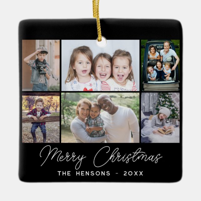 6 Photo Collage Merry Christmas Family Ceramic Ornament (Front)