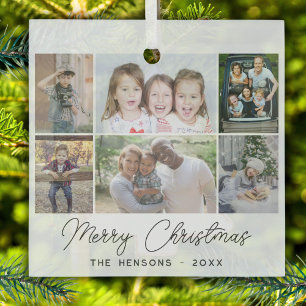 6 Photo Collage Merry Christmas Family Glass Tree Decoration
