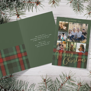 6 photo collage Merry Christmas gold script plaid Holiday Card