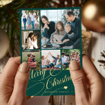 6 photo collage Merry Christmas script family Holiday Card<br><div class="desc">Elegant stylish Merry Christmas faux gold classic calligraphy script six family photos pine green holiday card with your custom personalised text on both sides. PLEASE NOTE that the background colour is editable. You can change it after selecting CUSTOMIZE option down below the PERSONALIZE IT menu. If you don't feel at...</div>