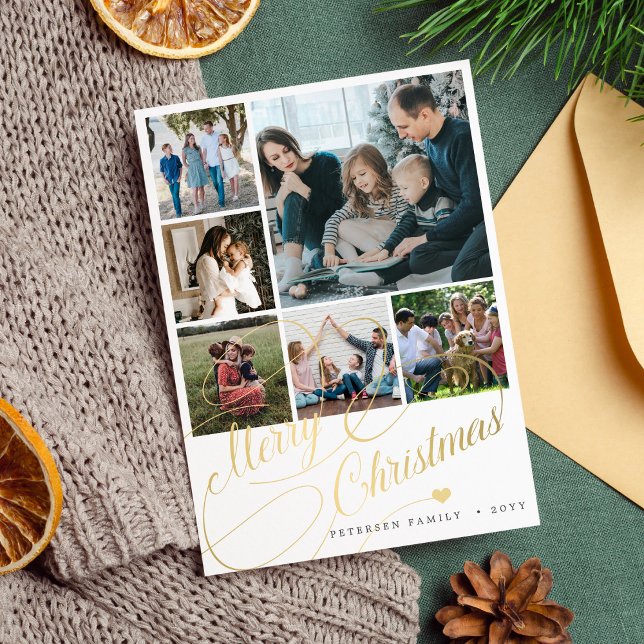 6 photo collage Merry Christmas script family Holiday Card (Creator Uploaded)