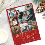 6 photo collage Merry Christmas script family Holiday Card<br><div class="desc">Elegant stylish Merry Christmas faux gold classic calligraphy script six family photos red holiday card with your custom personalised text on both sides. PLEASE NOTE that the background colour is editable. You can change it after selecting CUSTOMIZE option down below the PERSONALIZE IT menu. If you don't feel at ease...</div>