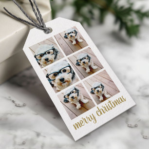 6 Photo Collage Merry Christmas Script Gold Stars Gift Tags