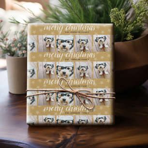 6 Photo Collage Merry Christmas Script Gold Stars Wrapping Paper