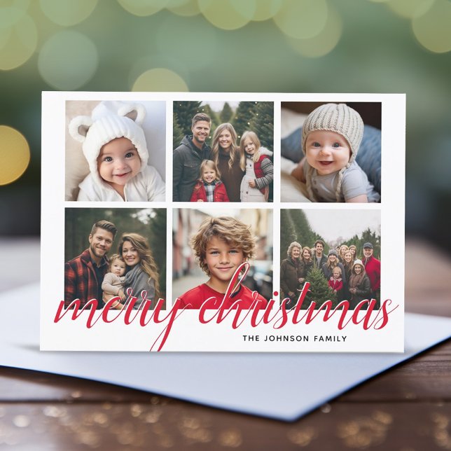 6 Photo Collage Merry Christmas Script Red Stars Holiday Card (6 Photo Online Christmas Card - Modern, Simple Design)