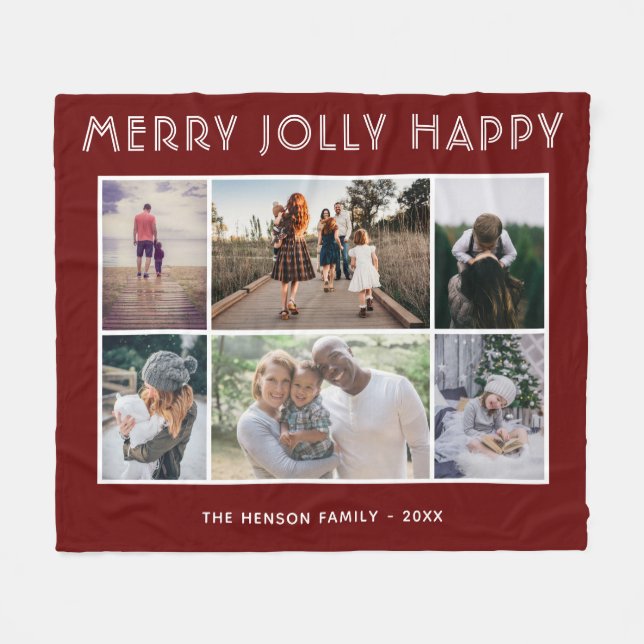 6 Photo Collage Merry Jolly Happy Christmas  Fleece Blanket (Front (Horizontal))