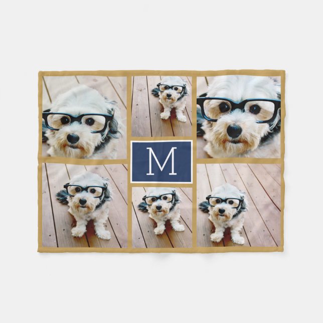 6 Photo Collage Minimalist Add Your Monogram Navy Fleece Blanket (Front (Horizontal))