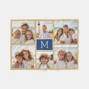 6 Photo Collage Minimalist Add Your Monogram Navy Fleece Blanket