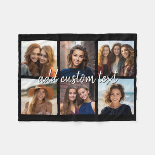 6 Photo Collage Minimalist - Add Your Name Black Fleece Blanket