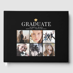 6 Photo Collage Minimalist Black Graduation Guest Book