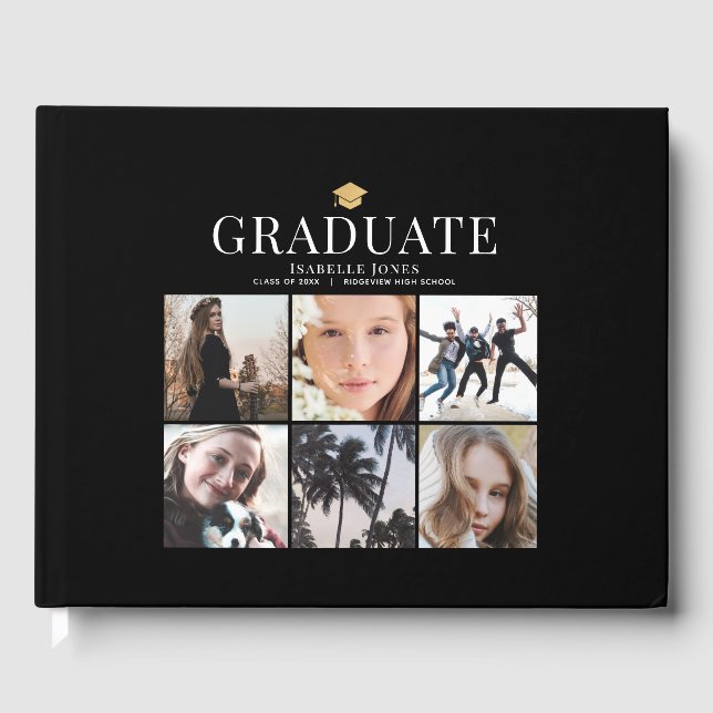 6 Photo Collage Minimalist Black Graduation Guest Book (Front)