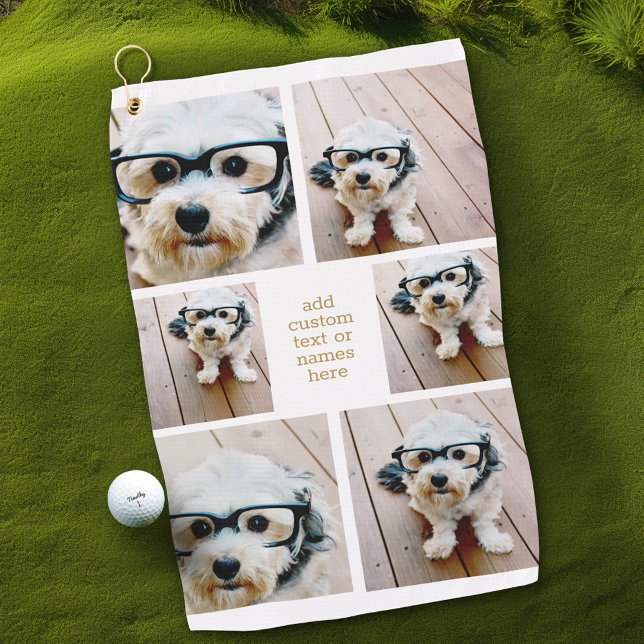 6 Photo Collage Minimalist - Gold and White Grid Golf Towel (Personalized Golf Towel with Photos and Text)