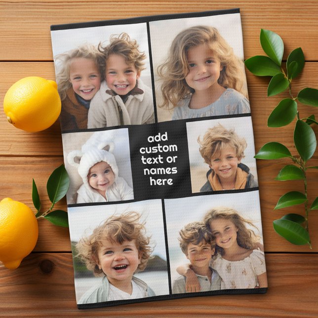 6 Photo Collage Minimalist - white and black Tea Towel (Custom Kitchen Towel with a Photo Collage)