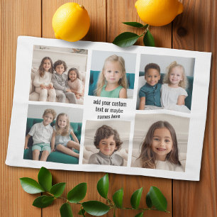 6 Photo Collage Minimalist - with Black Text Tea Towel
