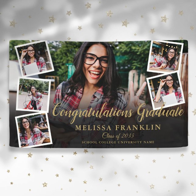 6 Photo Collage Modern Gold Graduation Party Banner (6 Photo Collage Modern Gold Graduation Party Banner)