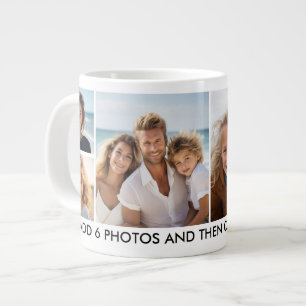 6 Photo Collage - Modern, Minimal White with Text Large Coffee Mug