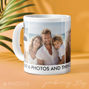 6 Photo Collage - Modern, Minimal White with Text Large Coffee Mug
