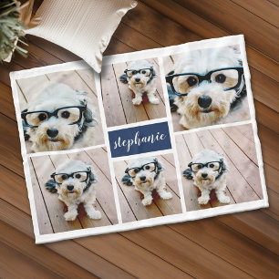 6 Photo Collage Name Minimalist - Can Edit blue Fleece Blanket