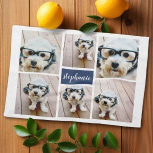 6 Photo Collage Name Minimalist - Can Edit color Tea Towel